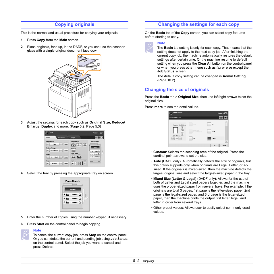 Copying originals, Changing the settings for each copy, Changing the size of originals | Samsung CLX-8380 User Manual | Page 44 / 186