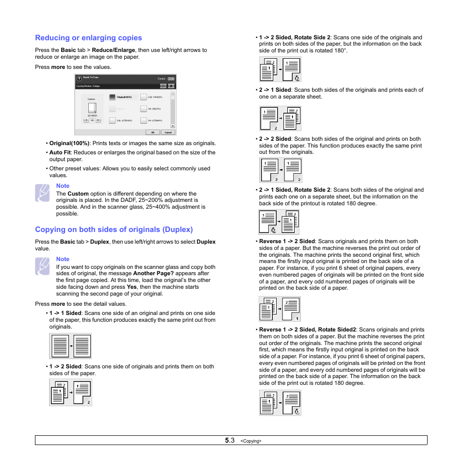 Reducing or enlarging copies, Copying on both sides of originals (duplex) | Samsung CLX-8380 User Manual | Page 45 / 186