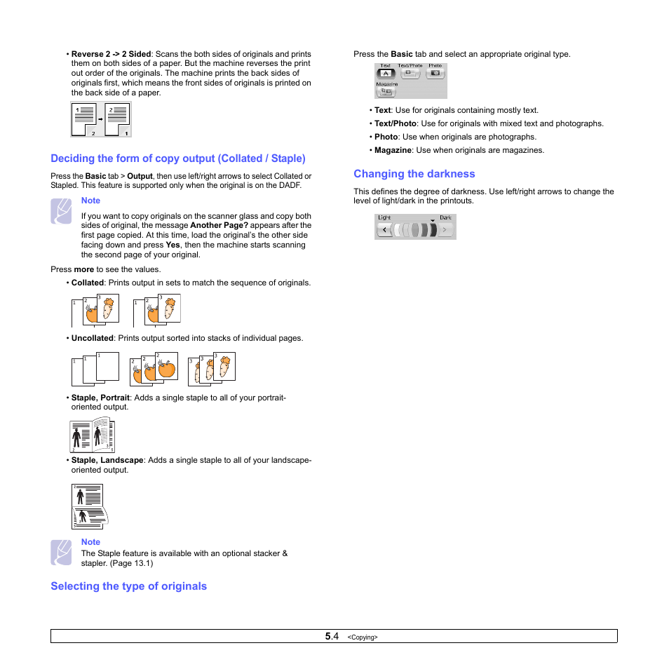 Selecting the type of originals, Changing the darkness | Samsung CLX-8380 User Manual | Page 46 / 186