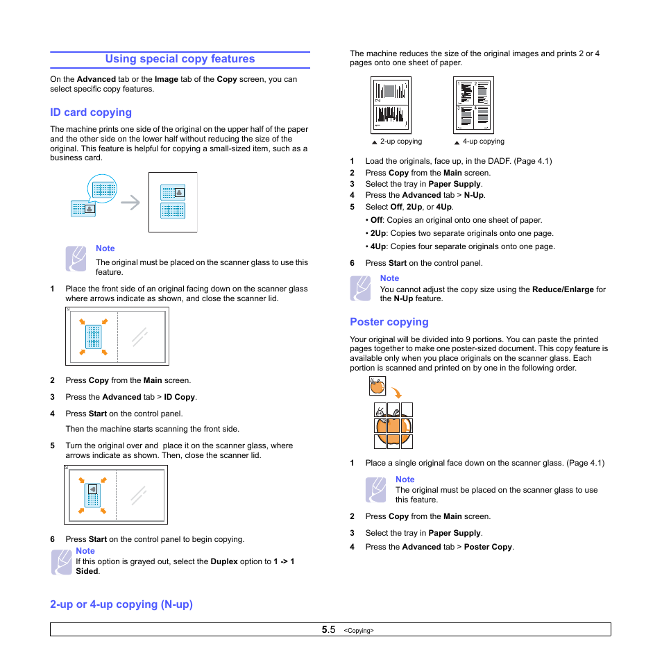 Using special copy features, Id card copying, Up or 4-up copying (n-up) | Poster copying | Samsung CLX-8380 User Manual | Page 47 / 186