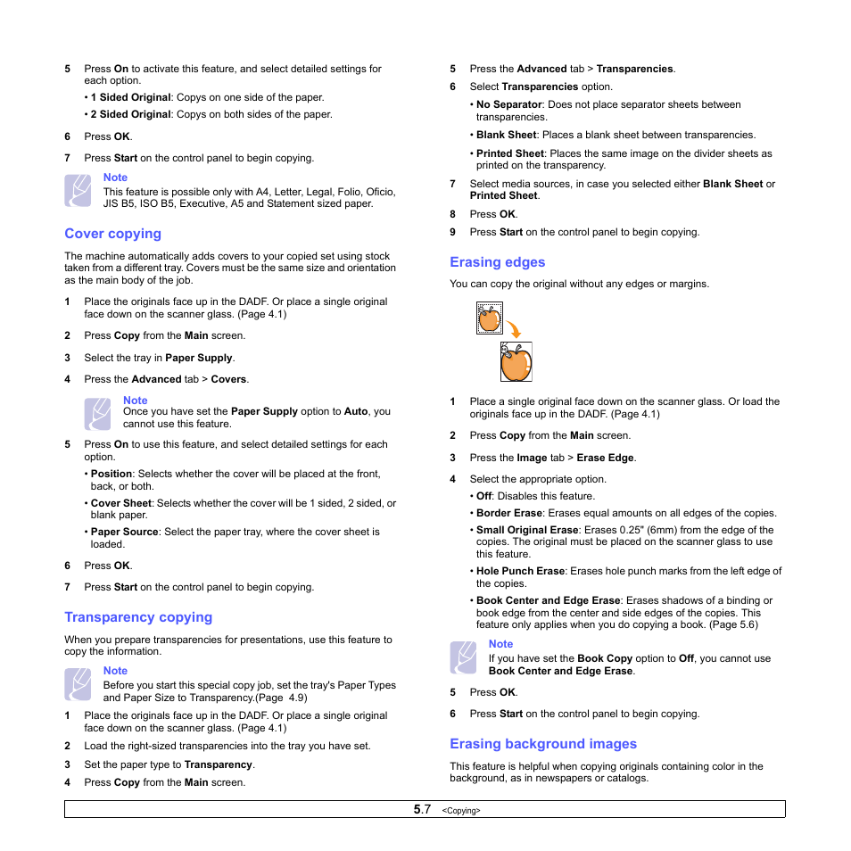 Cover copying, Transparency copying, Erasing edges | Erasing background images | Samsung CLX-8380 User Manual | Page 49 / 186