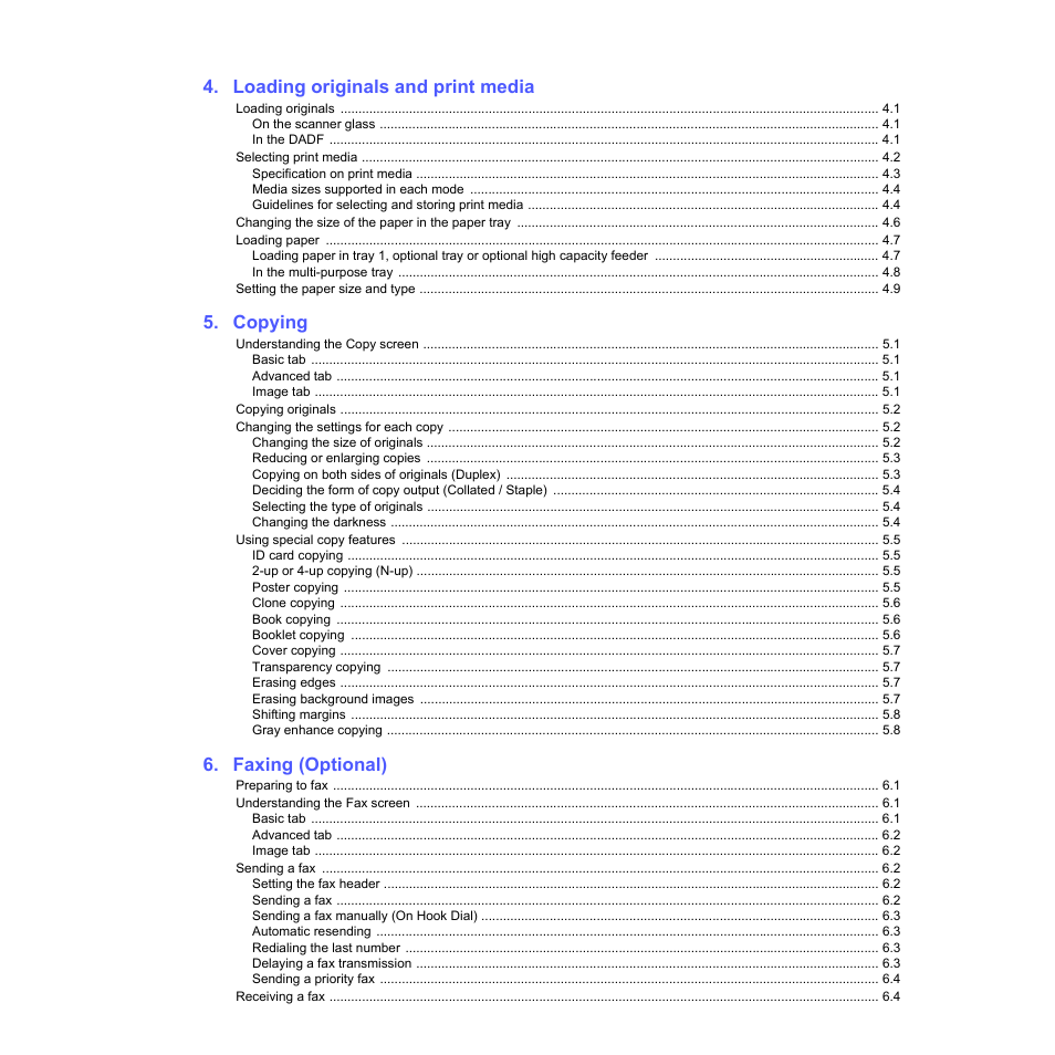 Loading originals and print media, Copying, Faxing (optional) | Samsung CLX-8380 User Manual | Page 5 / 186