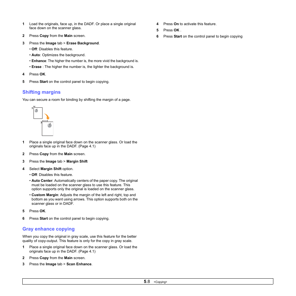 Shifting margins, Gray enhance copying, Shifting margins gray enhance copying | Samsung CLX-8380 User Manual | Page 50 / 186