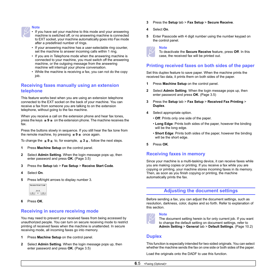 Receiving in secure receiving mode, Printing received faxes on both sides of the paper, Receiving faxes in memory | Adjusting the document settings, Duplex | Samsung CLX-8380 User Manual | Page 55 / 186