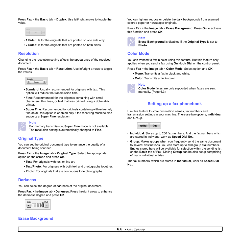 Resolution, Original type, Darkness | Erase background, Color mode, Setting up a fax phonebook | Samsung CLX-8380 User Manual | Page 56 / 186