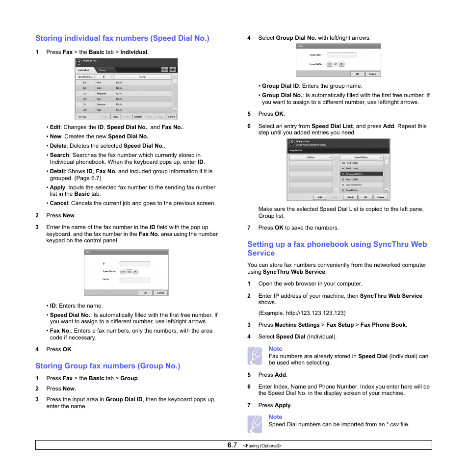 Storing individual fax numbers (speed dial no.), Storing group fax numbers (group no.) | Samsung CLX-8380 User Manual | Page 57 / 186