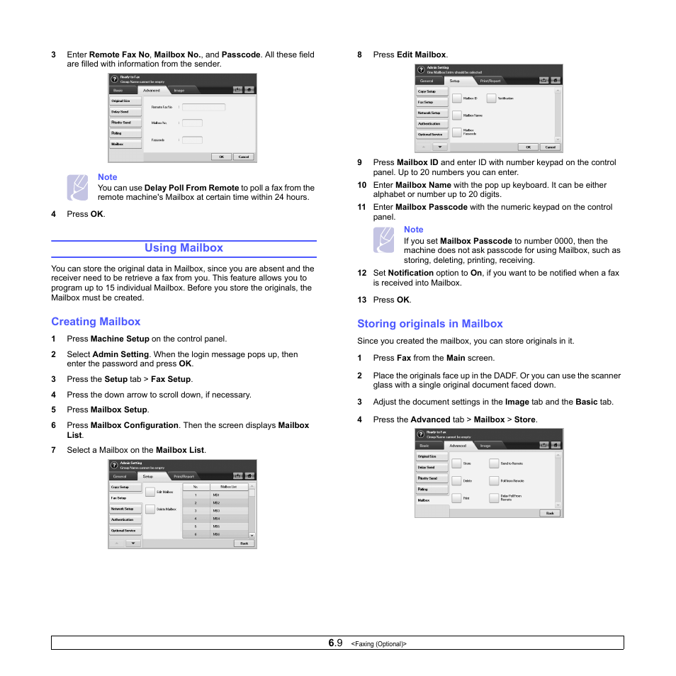 Using mailbox, Creating mailbox, Storing originals in mailbox | Creating mailbox storing originals in mailbox | Samsung CLX-8380 User Manual | Page 59 / 186