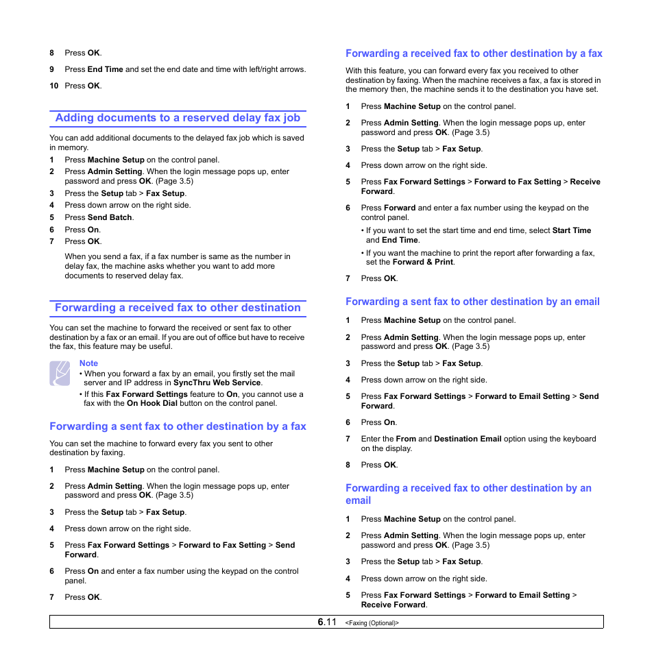 Adding documents to a reserved delay fax job, Forwarding a received fax to other destination | Samsung CLX-8380 User Manual | Page 61 / 186