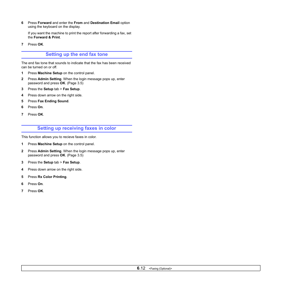 Setting up the end fax tone, Setting up receiving faxes in color | Samsung CLX-8380 User Manual | Page 62 / 186
