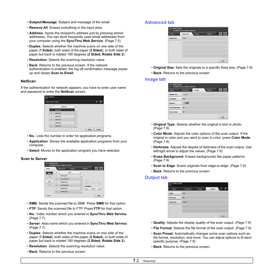 Advanced tab, Image tab, Output tab | Advanced tab image tab output tab | Samsung CLX-8380 User Manual | Page 64 / 186