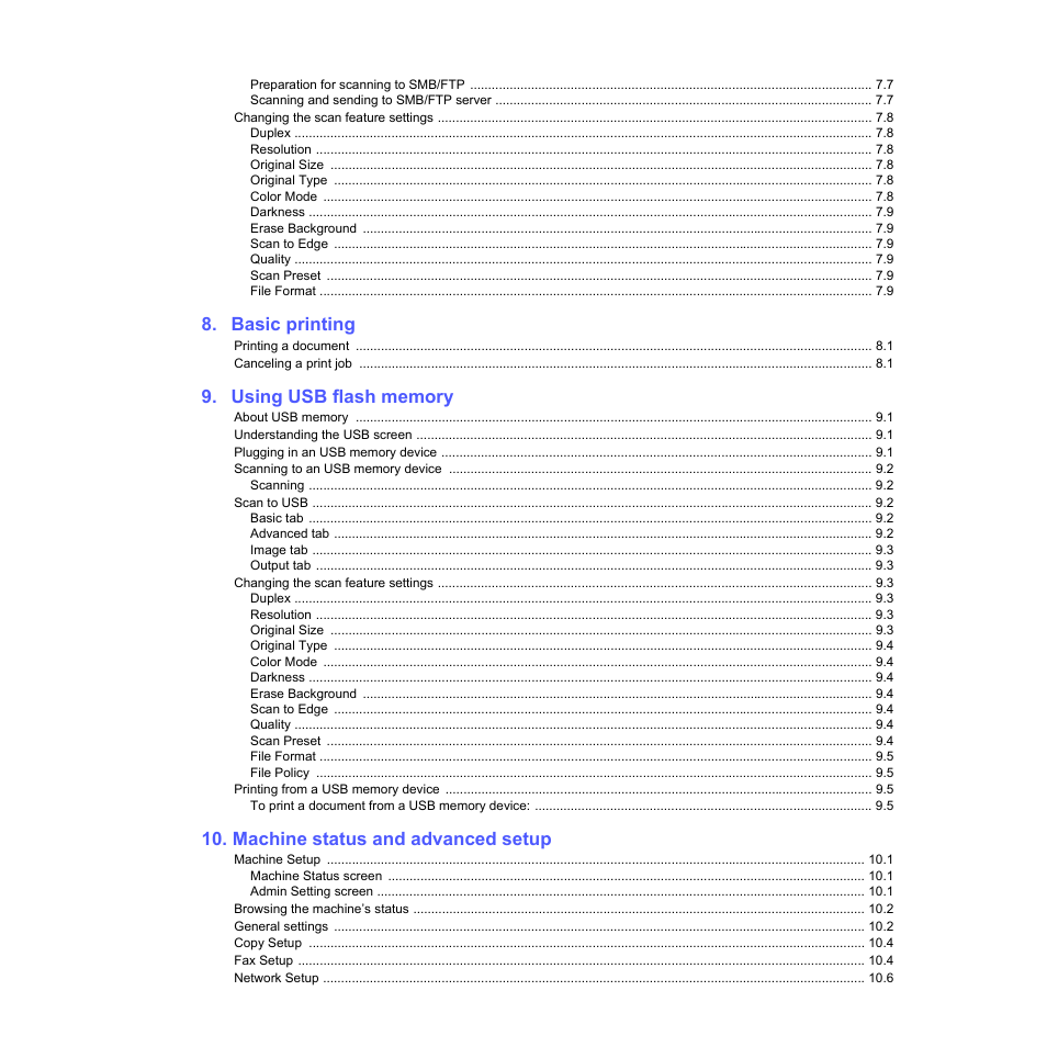 Basic printing, Machine status and advanced setup | Samsung CLX-8380 User Manual | Page 7 / 186