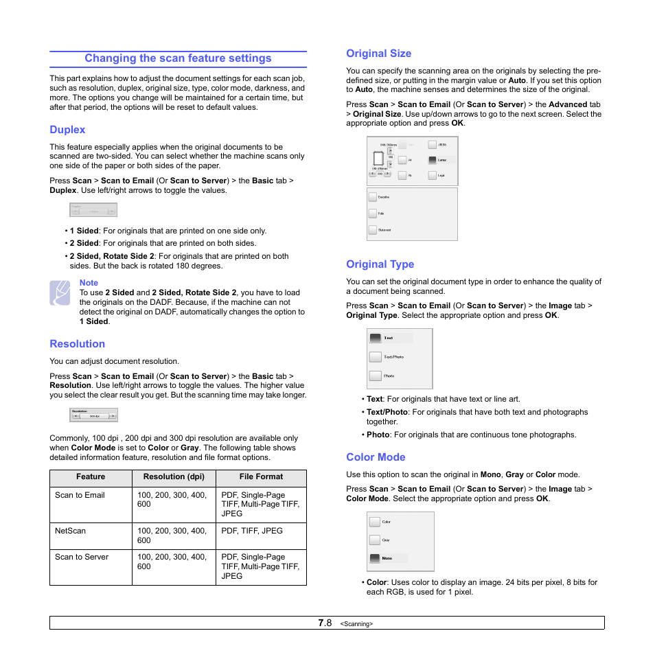 Changing the scan feature settings, Duplex, Resolution | Original size, Original type, Color mode | Samsung CLX-8380 User Manual | Page 70 / 186