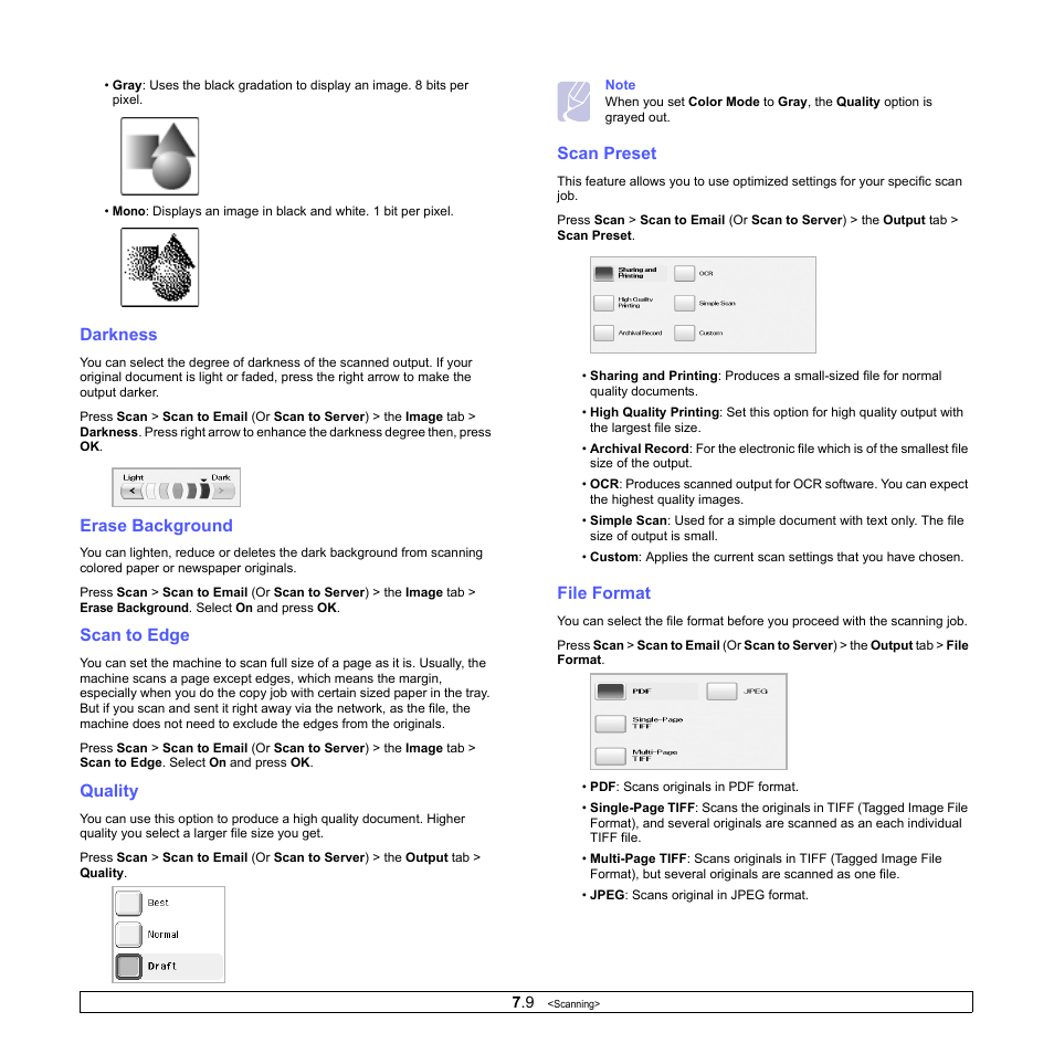 Darkness, Erase background, Scan to edge | Quality, Scan preset, File format | Samsung CLX-8380 User Manual | Page 71 / 186