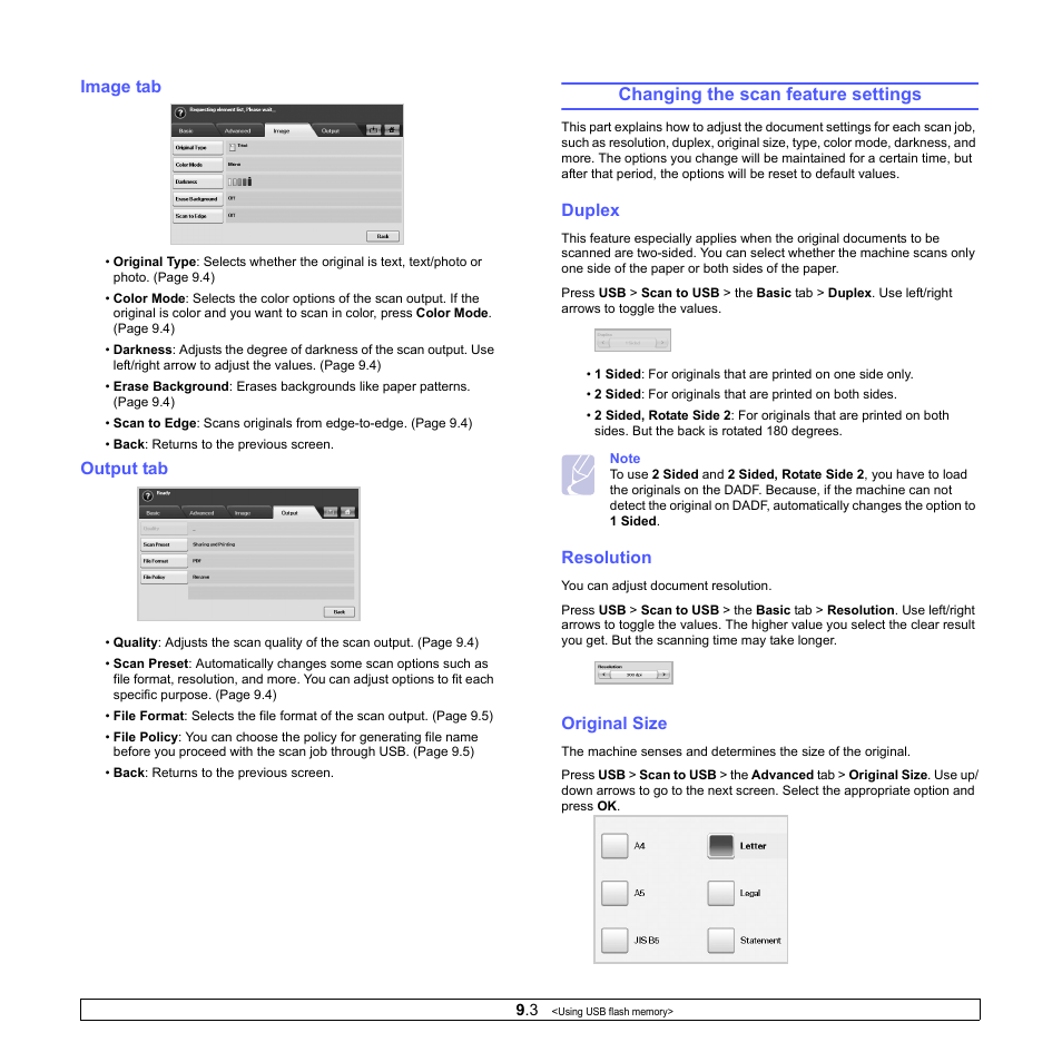 Image tab, Output tab, Changing the scan feature settings | Duplex, Resolution, Original size, Image tab output tab, Duplex resolution original size, Ge 9.3) | Samsung CLX-8380 User Manual | Page 75 / 186