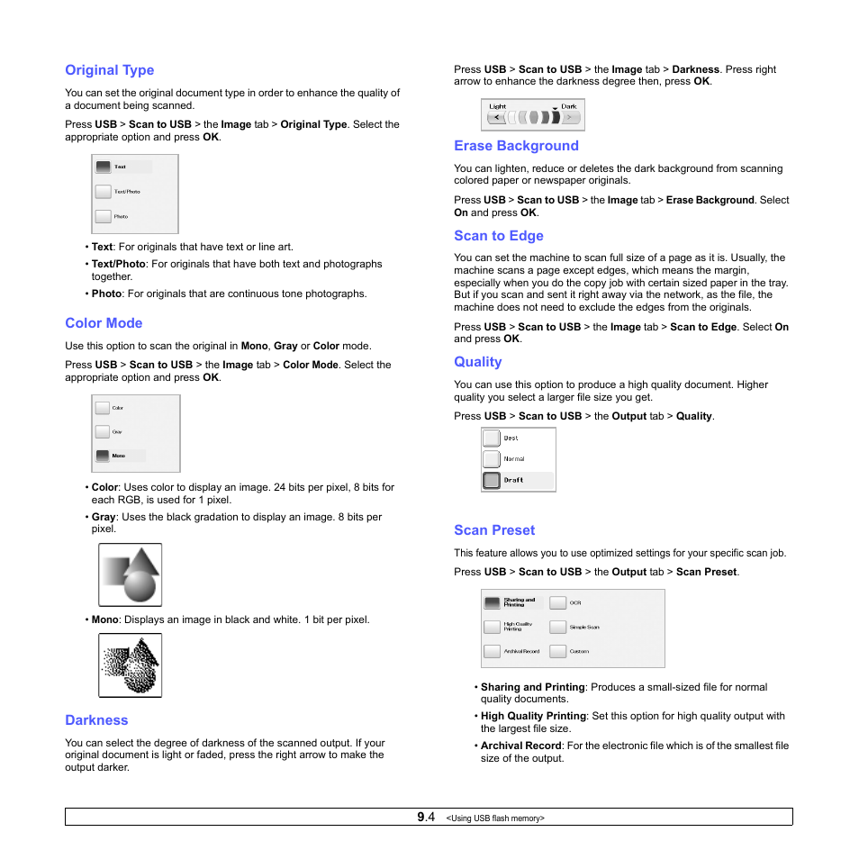 Original type, Color mode, Darkness | Erase background, Scan to edge, Quality, Scan preset | Samsung CLX-8380 User Manual | Page 76 / 186