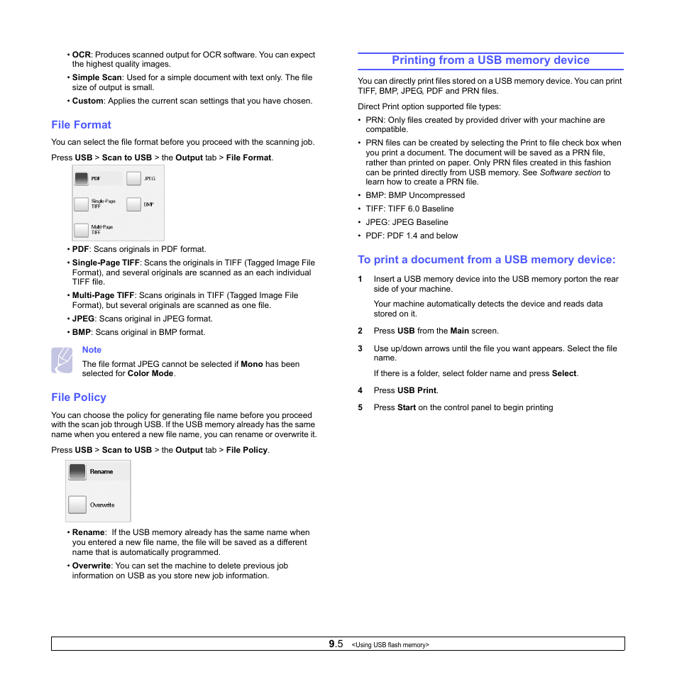 File format, File policy, Printing from a usb memory device | To print a document from a usb memory device, File format file policy | Samsung CLX-8380 User Manual | Page 77 / 186