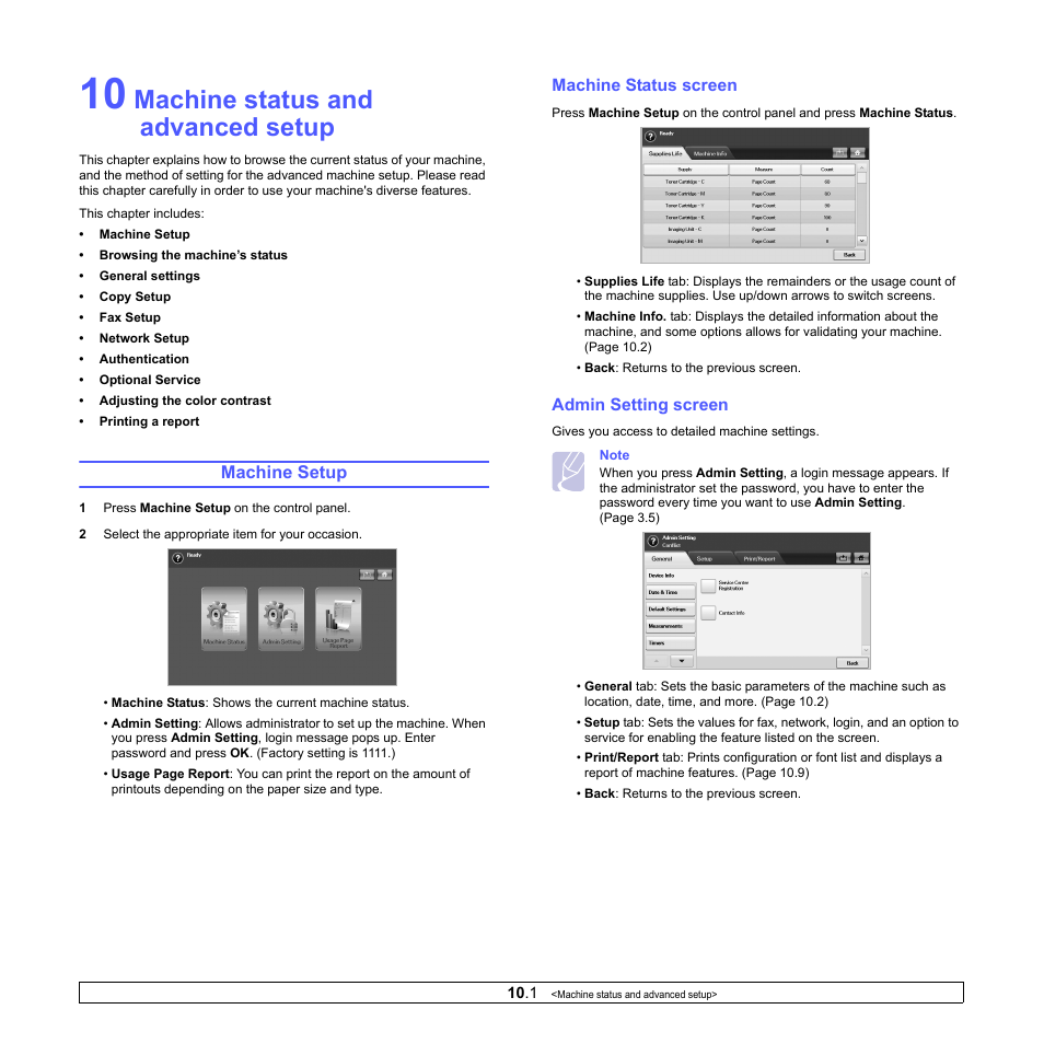 Machine status and advanced setup, Machine setup, Machine status screen | Admin setting screen, Machine status screen admin setting screen | Samsung CLX-8380 User Manual | Page 78 / 186