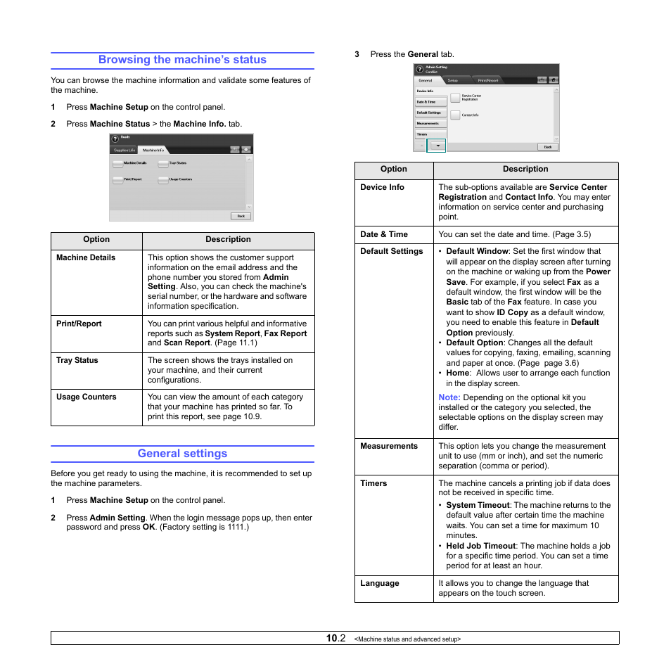 Browsing the machine’s status, General settings, Browsing the machine’s status general settings | Samsung CLX-8380 User Manual | Page 79 / 186