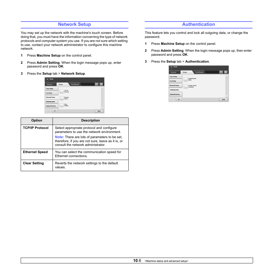 Network setup, Authentication | Samsung CLX-8380 User Manual | Page 83 / 186