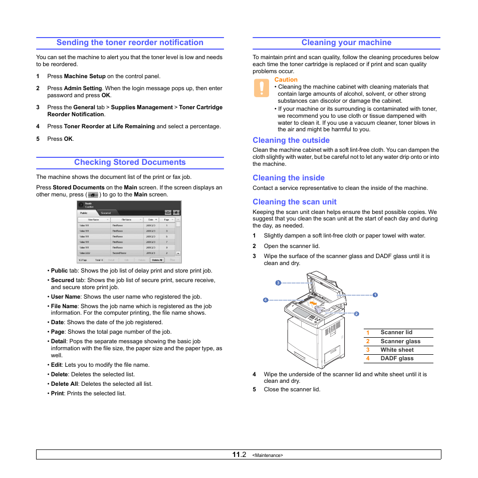 Sending the toner reorder notification, Checking stored documents, Cleaning your machine | Cleaning the outside, Cleaning the inside, Cleaning the scan unit | Samsung CLX-8380 User Manual | Page 88 / 186