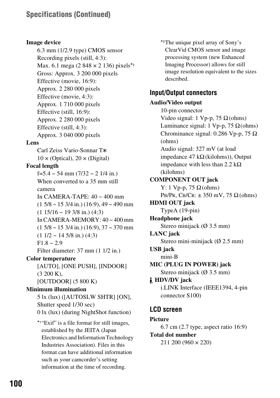 Specifications (continued), Input/output connectors, Lcd screen | Sony HDR-HC9 User Manual | Page 100 / 128