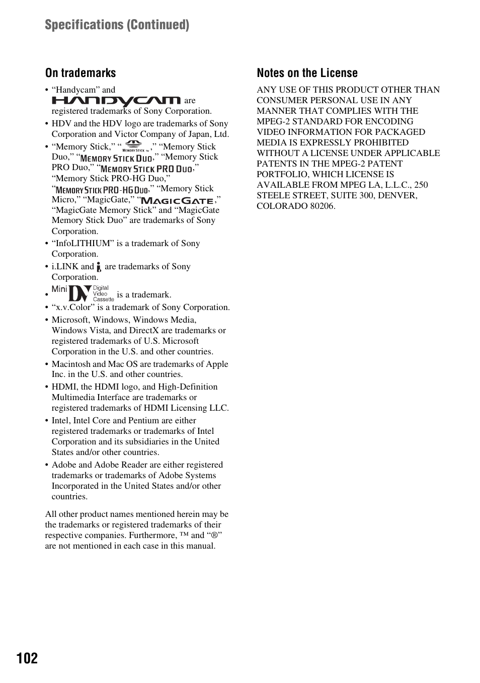 Specifications (continued), On trademarks | Sony HDR-HC9 User Manual | Page 102 / 128