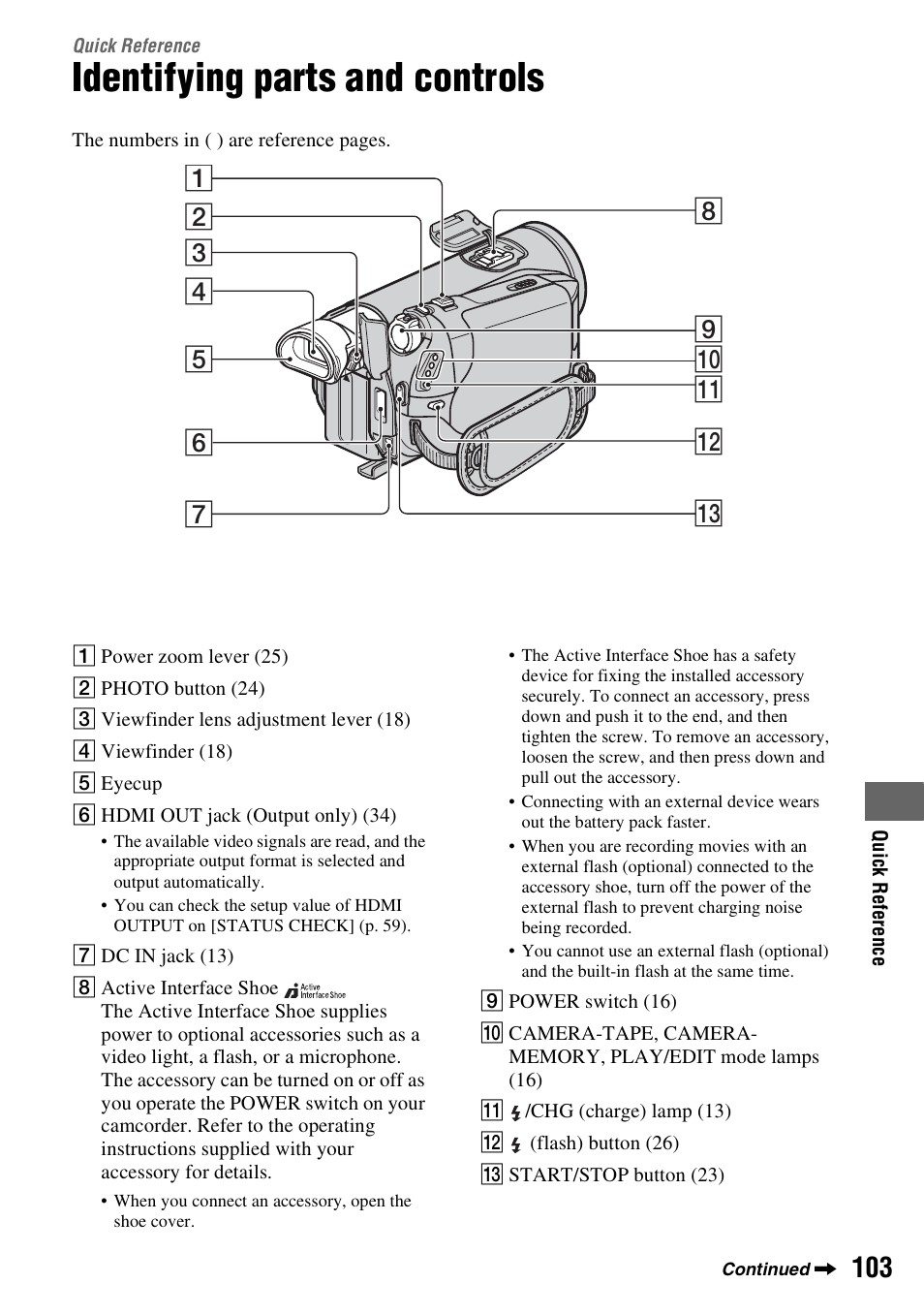 Quick reference, Identifying parts and controls, P. 103) | Sony HDR-HC9 User Manual | Page 103 / 128