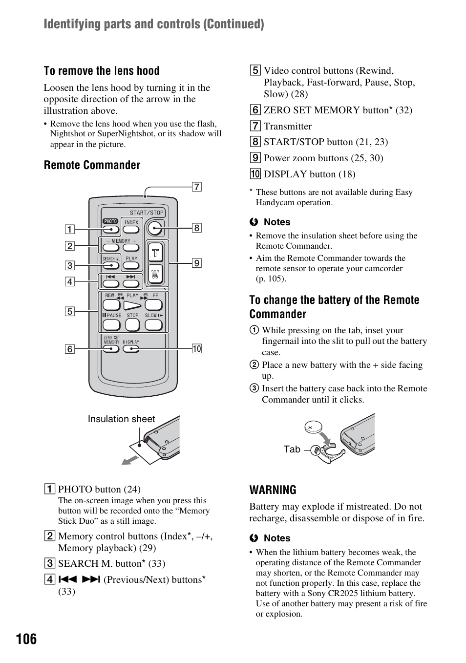 P. 106), P. 106, Identifying parts and controls (continued) | Remote commander, Warning | Sony HDR-HC9 User Manual | Page 106 / 128