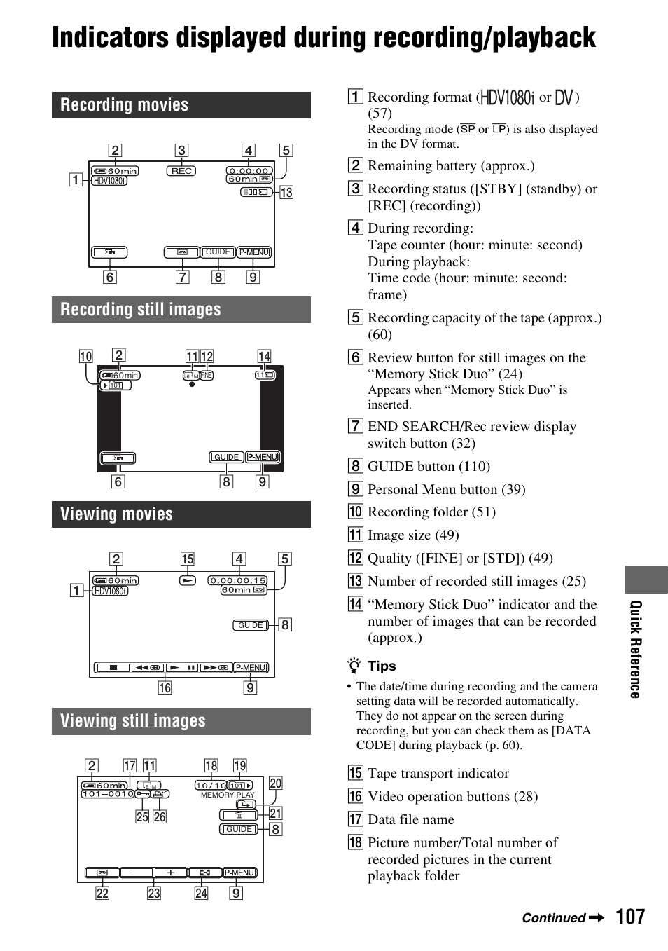 Indicators displayed during recording/playback, Indicators displayed during recording, Playback | Sony HDR-HC9 User Manual | Page 107 / 128