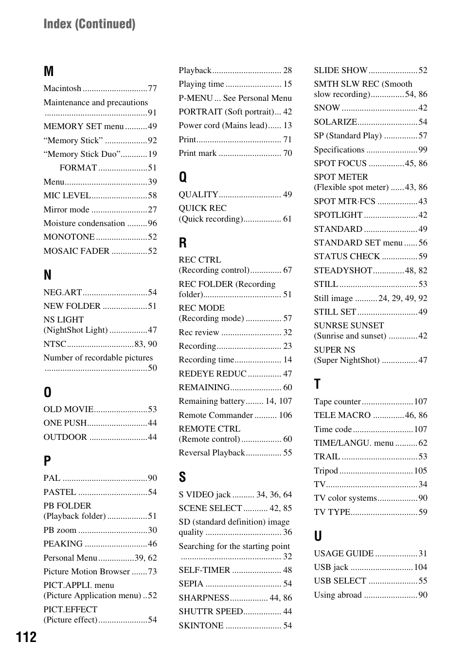 Index (continued) | Sony HDR-HC9 User Manual | Page 112 / 128