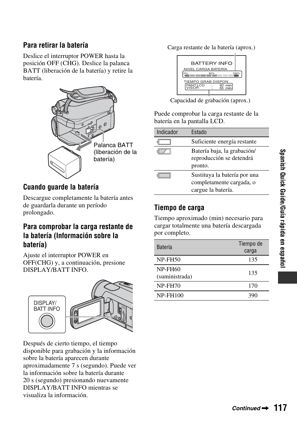 Para retirar la batería, Cuando guarde la batería, Tiempo de carga | Sony HDR-HC9 User Manual | Page 117 / 128