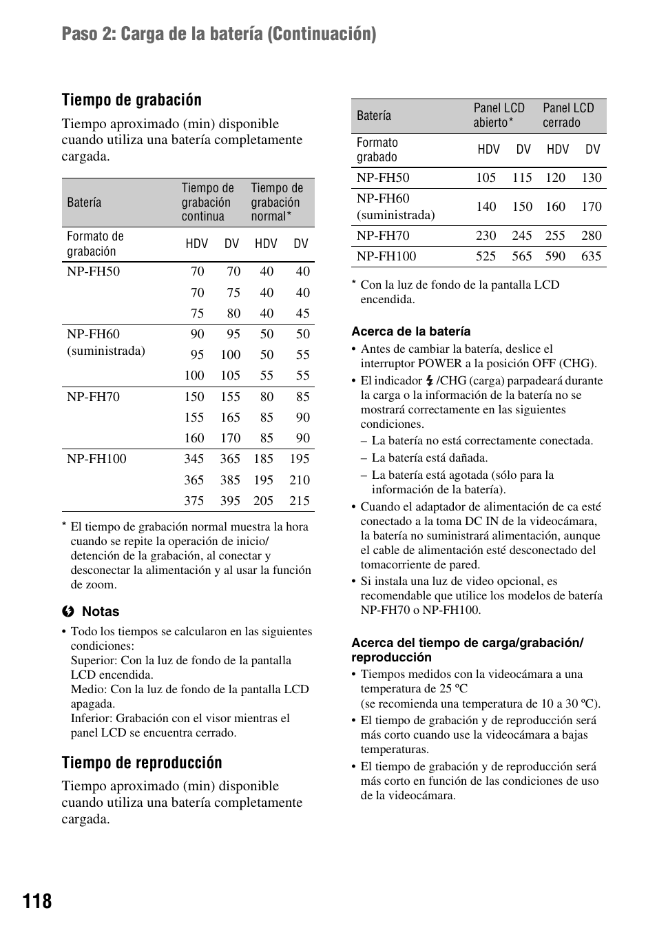 Paso 2: carga de la batería (continuación), Tiempo de grabación, Tiempo de reproducción | Sony HDR-HC9 User Manual | Page 118 / 128