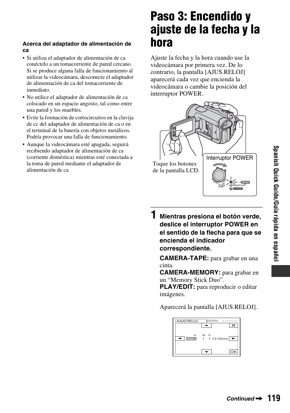 Paso 3: encendido y ajuste de la fecha y la hora | Sony HDR-HC9 User Manual | Page 119 / 128