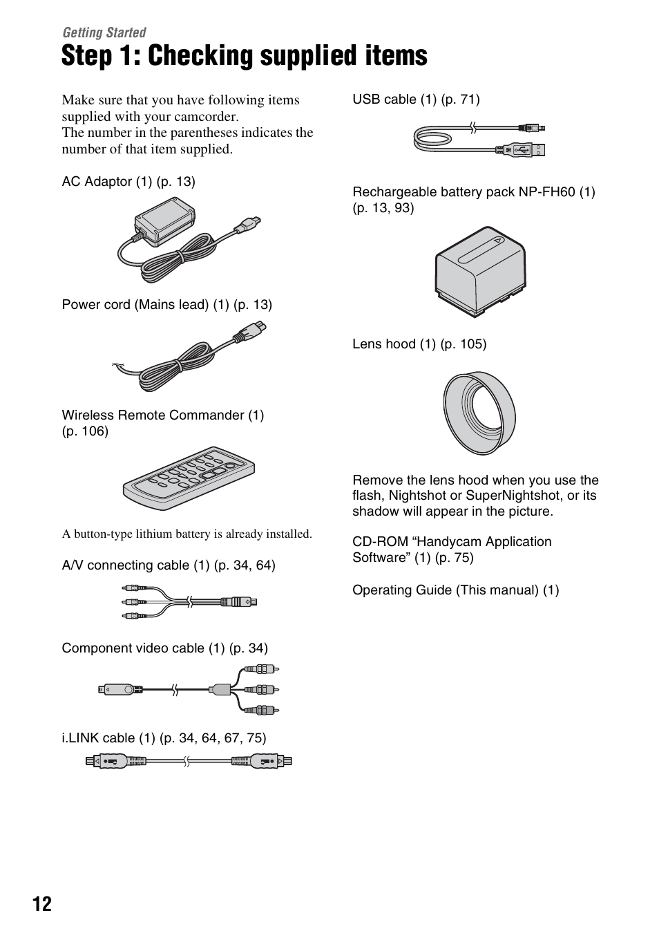 Getting started, Step 1: checking supplied items | Sony HDR-HC9 User Manual | Page 12 / 128