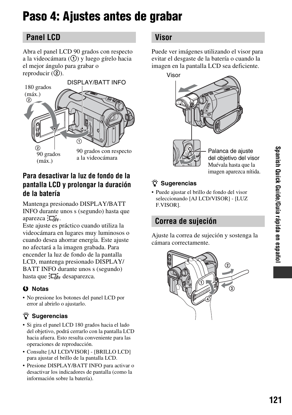 Paso 4: ajustes antes de grabar, Panel lcd, Visor correa de sujeción | Sony HDR-HC9 User Manual | Page 121 / 128