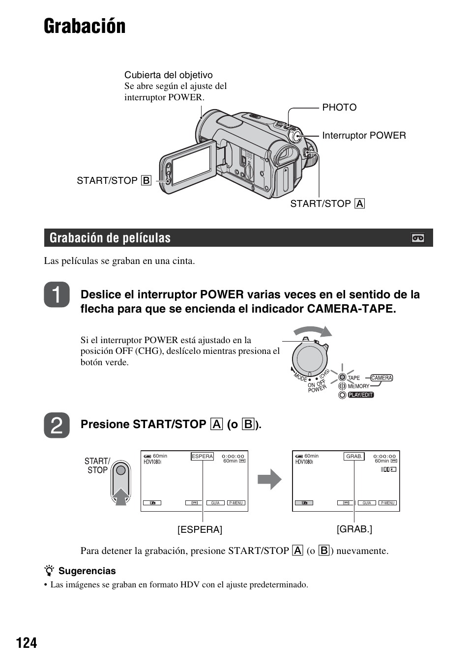 Grabación, Grabación de películas | Sony HDR-HC9 User Manual | Page 124 / 128
