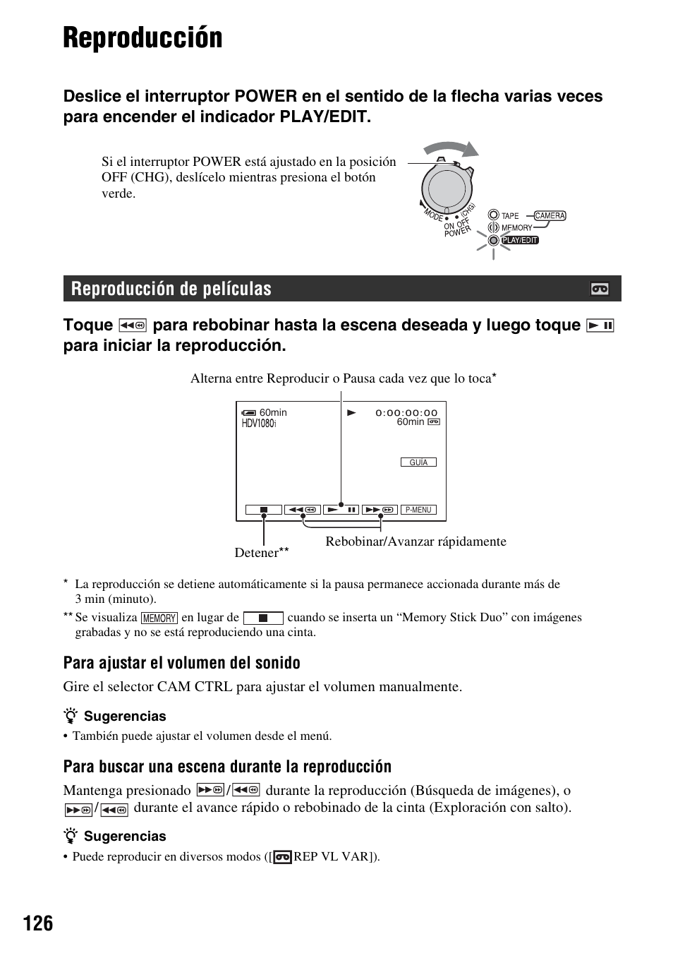 Reproducción, Reproducción de películas | Sony HDR-HC9 User Manual | Page 126 / 128