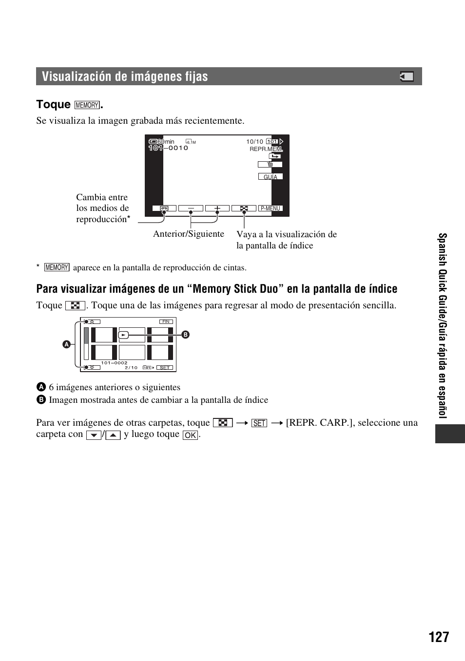 Visualización de imágenes fijas, Toque | Sony HDR-HC9 User Manual | Page 127 / 128