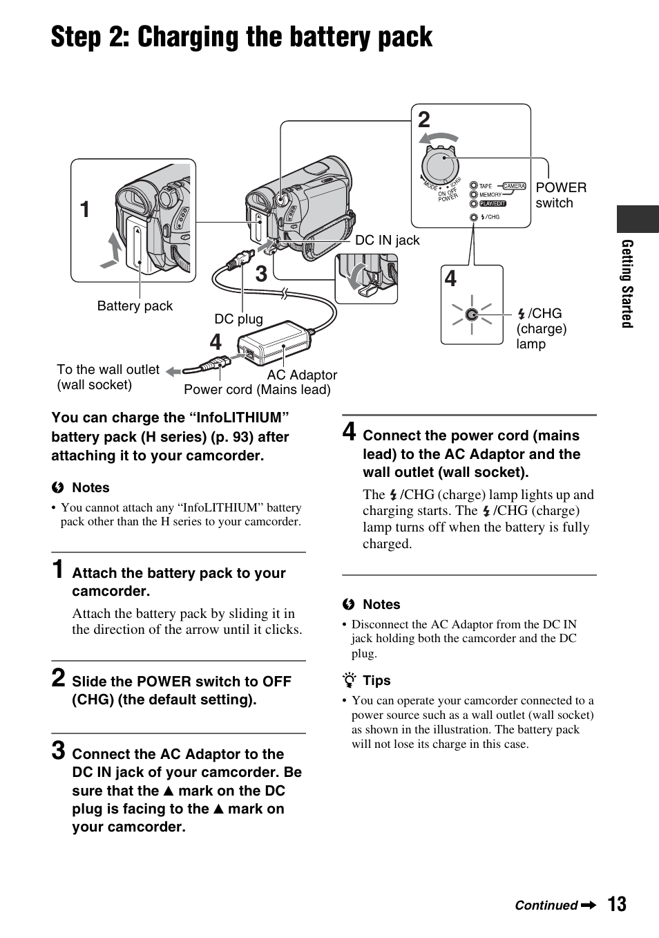 Step 2: charging the battery pack, R (1) (p. 13), P. 13 | Sony HDR-HC9 User Manual | Page 13 / 128