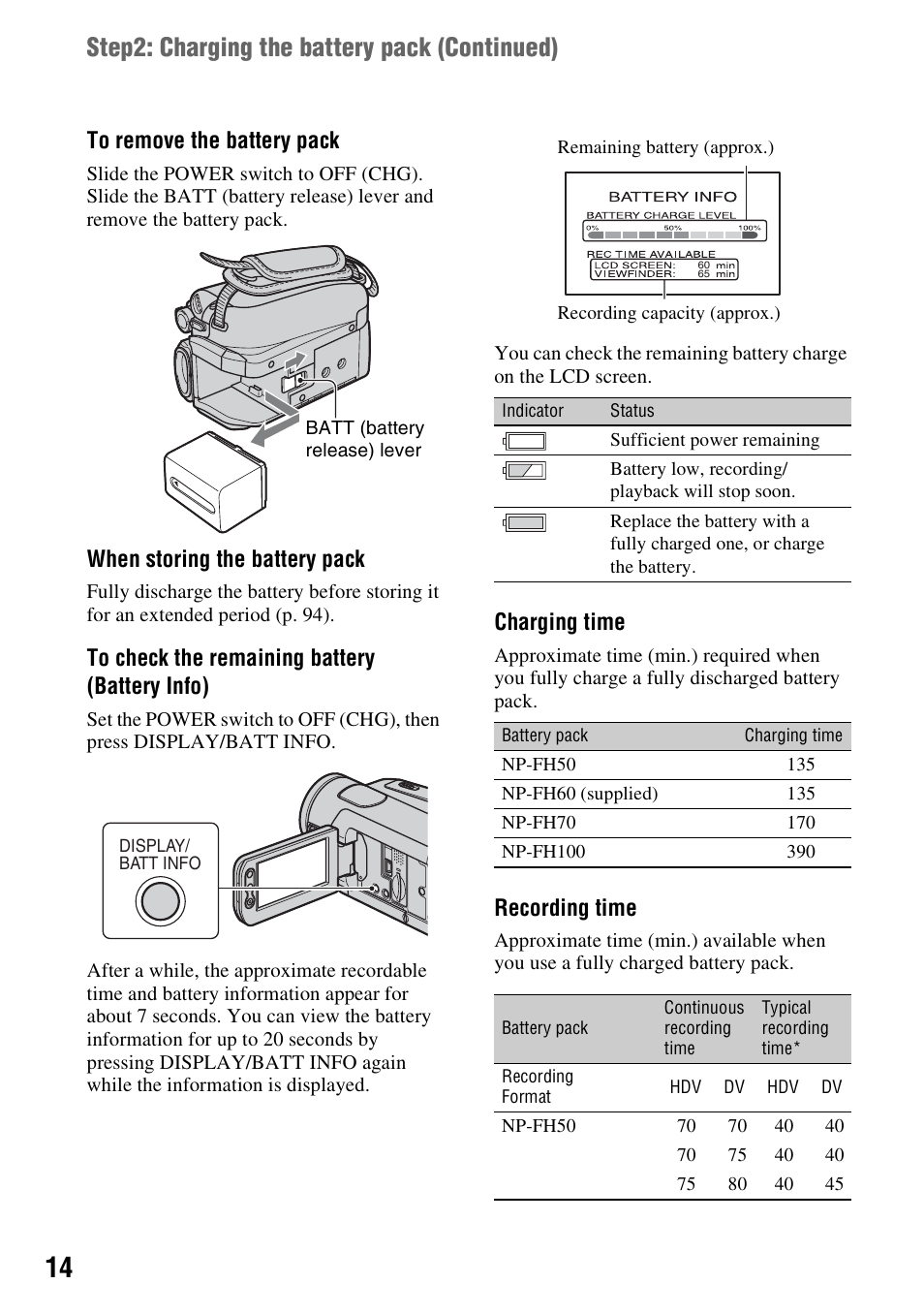 Step2: charging the battery pack (continued), When storing the battery pack, Charging time | Recording time | Sony HDR-HC9 User Manual | Page 14 / 128