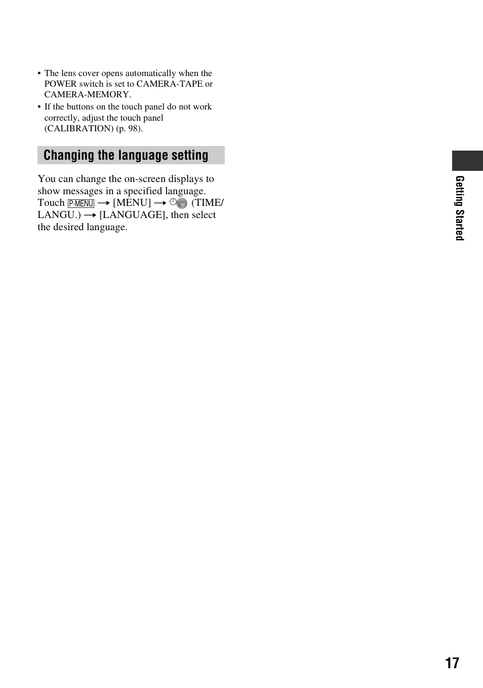 Changing the language setting | Sony HDR-HC9 User Manual | Page 17 / 128