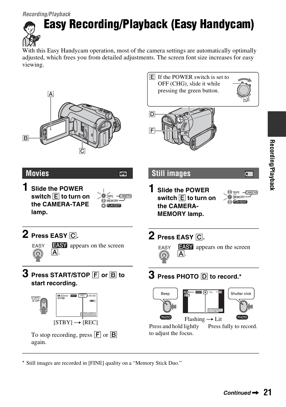 Recording/playback, Easy recording/playback (easy handycam), Recording | Playback, Movies, Still images | Sony HDR-HC9 User Manual | Page 21 / 128