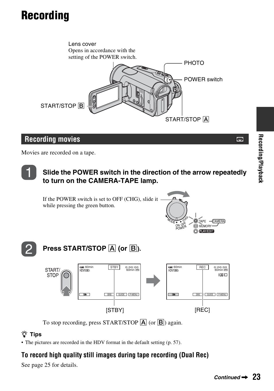 Recording, Recording movies | Sony HDR-HC9 User Manual | Page 23 / 128