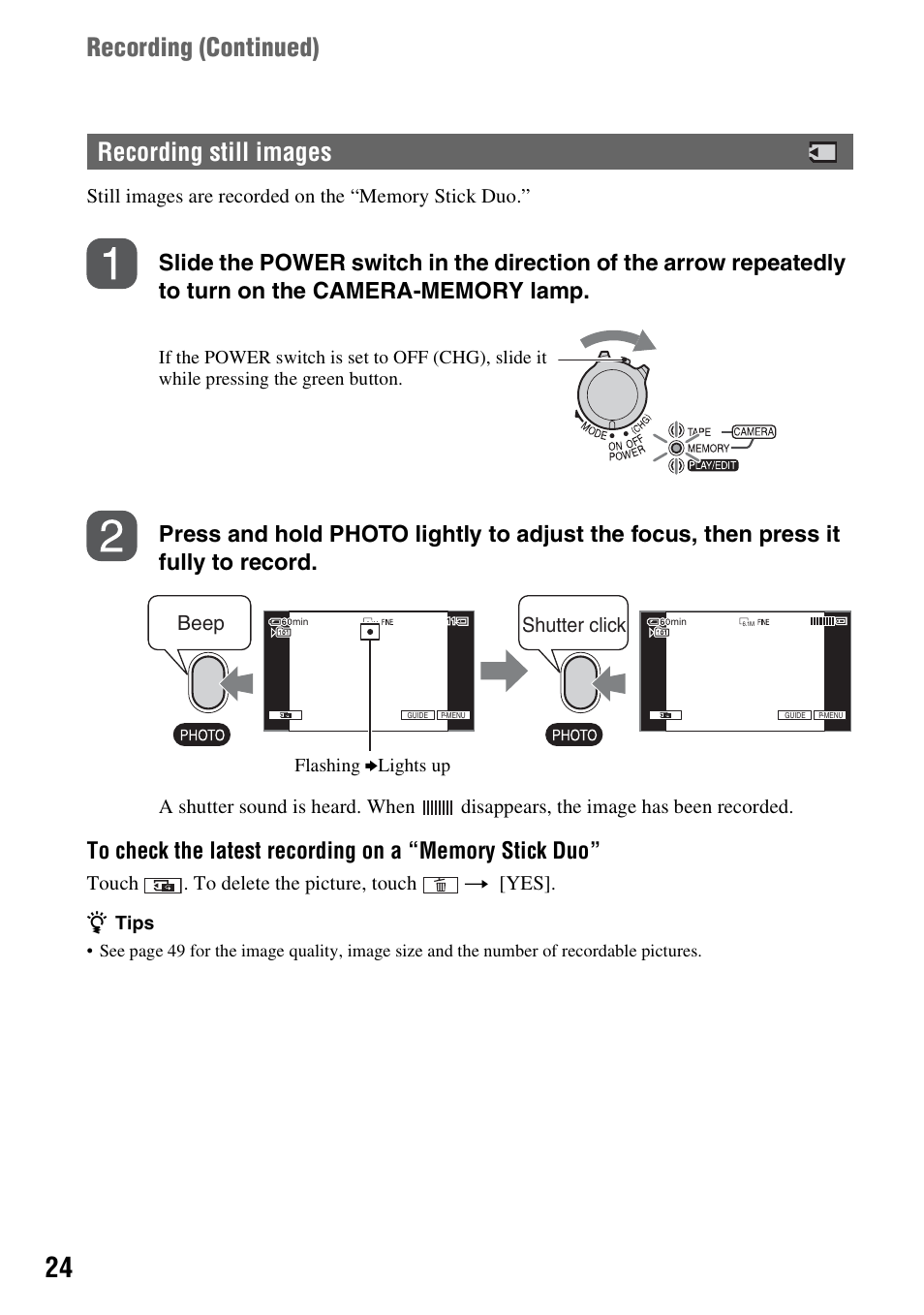 Recording still images, Recording (continued), Beep shutter click | Sony HDR-HC9 User Manual | Page 24 / 128