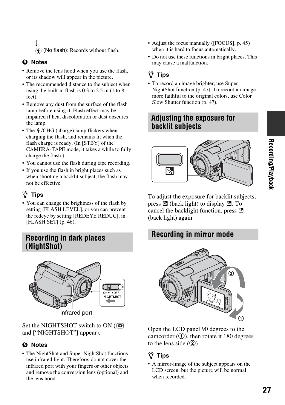 Recording in dark places (nightshot), Adjusting the exposure for backlit subjects, Recording in mirror mode | Recording in dark places, Nightshot), Adjusting the exposure for backlit, Subjects, P. 27) | Sony HDR-HC9 User Manual | Page 27 / 128