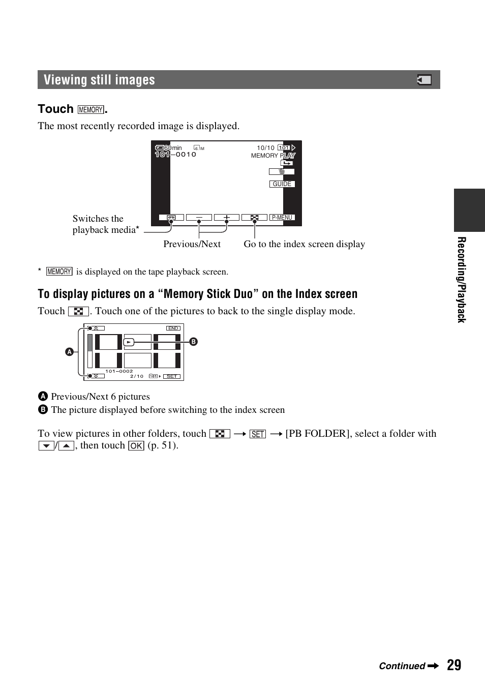 Viewing still images, Touch | Sony HDR-HC9 User Manual | Page 29 / 128