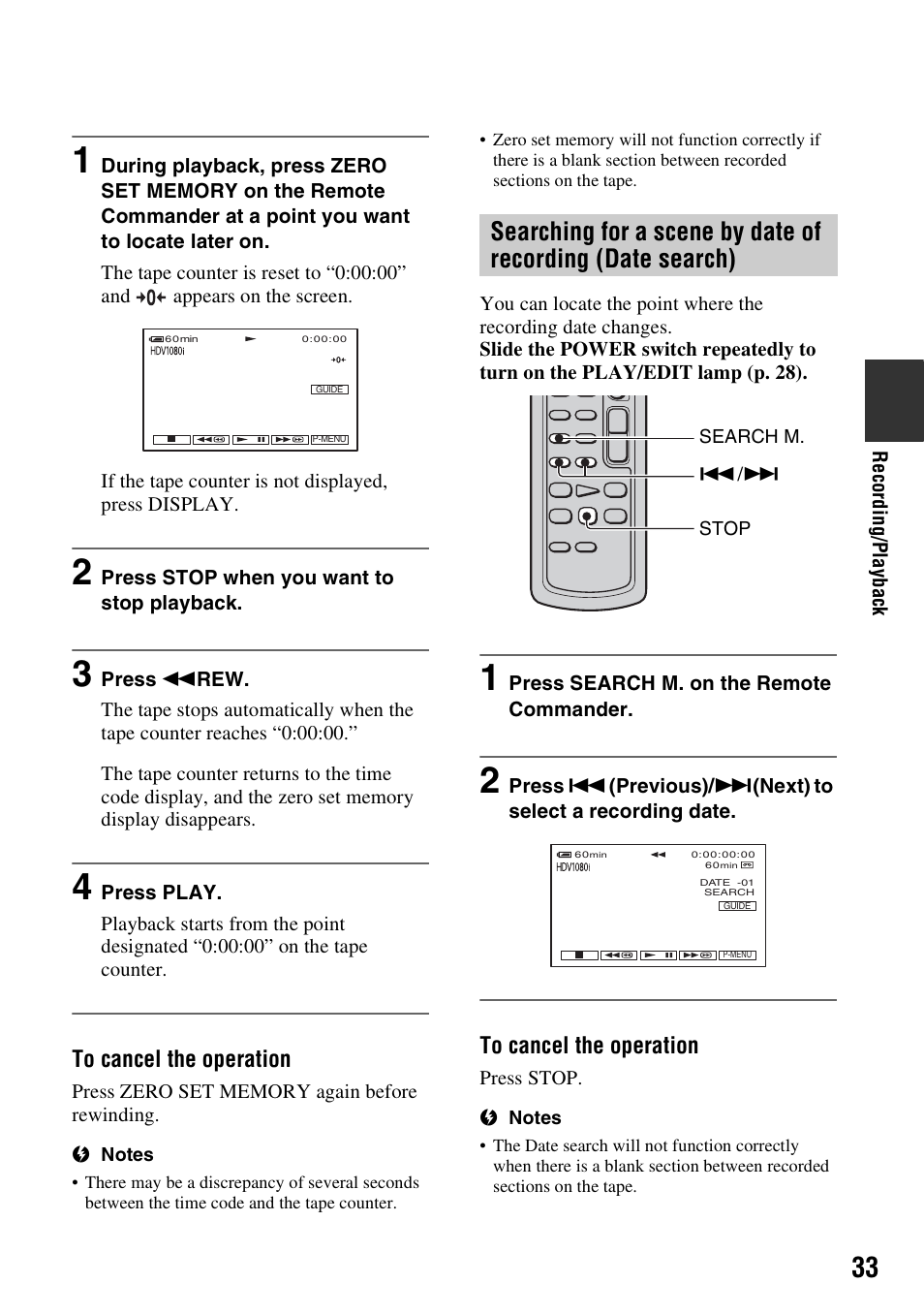 Searching for a scene by date of, Recording (date search) | Sony HDR-HC9 User Manual | Page 33 / 128