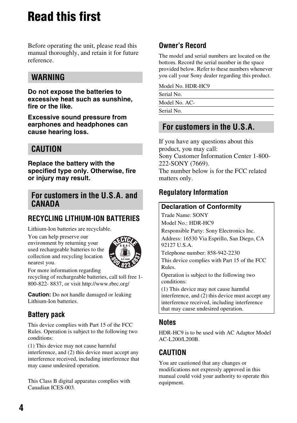 Read this first, For customers in the u.s.a | Sony HDR-HC9 User Manual | Page 4 / 128