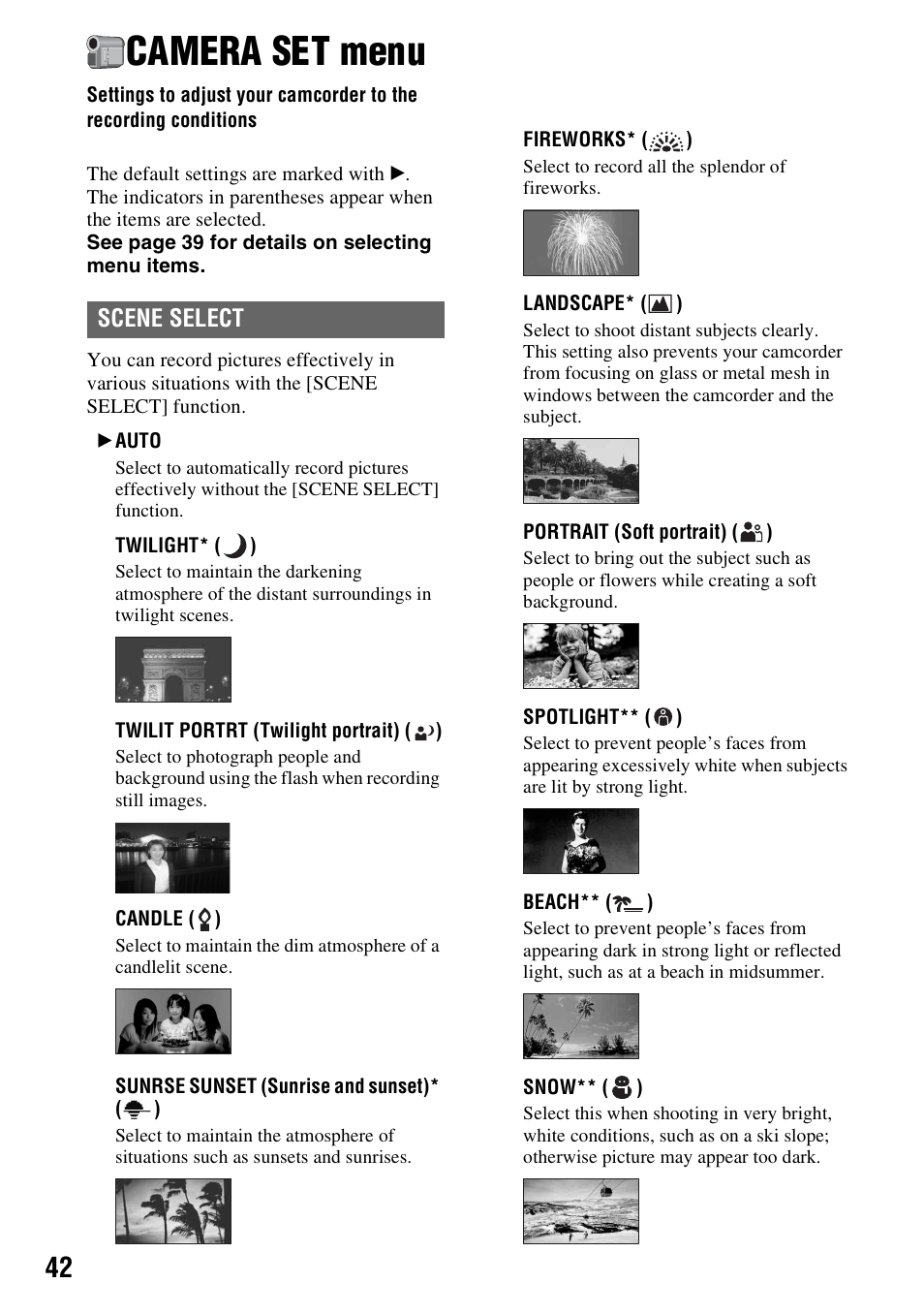 Camera set menu, Settings to adjust your camcorder to, The recording conditions | P. 42, Scene select | Sony HDR-HC9 User Manual | Page 42 / 128