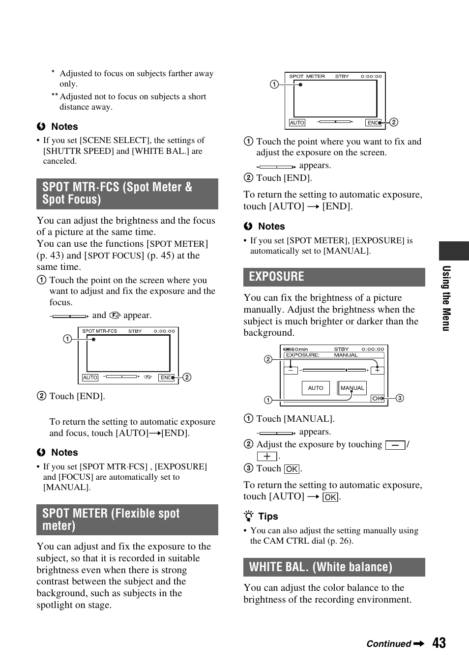 P. 43, Exposure white bal. (white balance) | Sony HDR-HC9 User Manual | Page 43 / 128